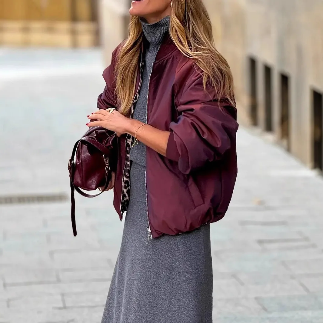 2025 Women's Jackets Women Clothes Jacket Autumn Double-Zip Jacket Leopard Print Burgundy Casual Jacket Fashionable Outerwear