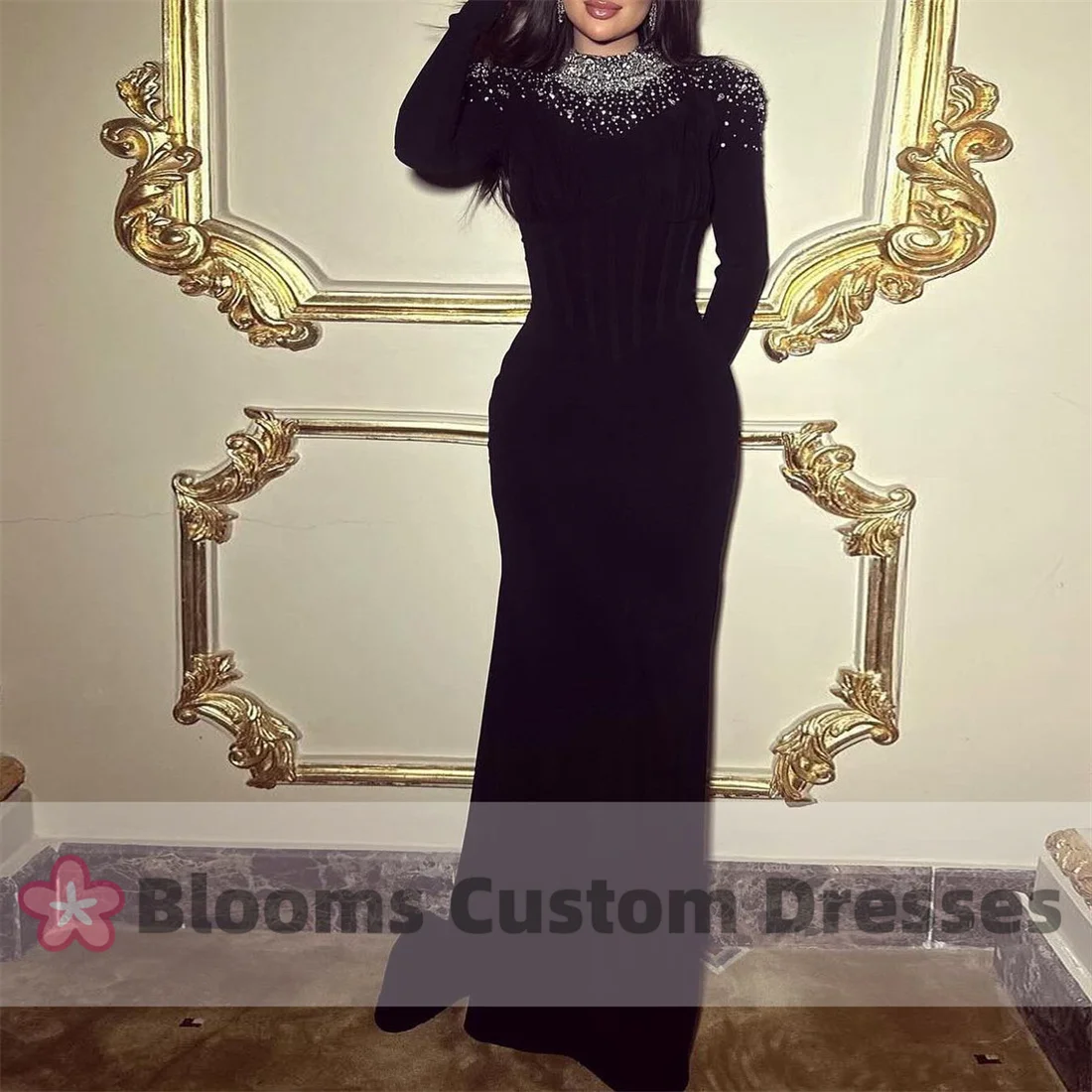 

Blooms Black High Neck Crepe Shiny Beaded Evening Dresses Black Long Sleeves Prom Dress Gorgeous Customize Wedding Party Gown