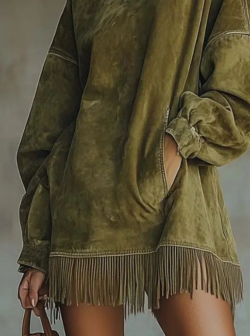 レディースワンピース 2025 春秋新作 無地 ハイネック ルーズ ポケットデザイン タッセルヘム 長袖 カジュアル スエード ミニワンピース