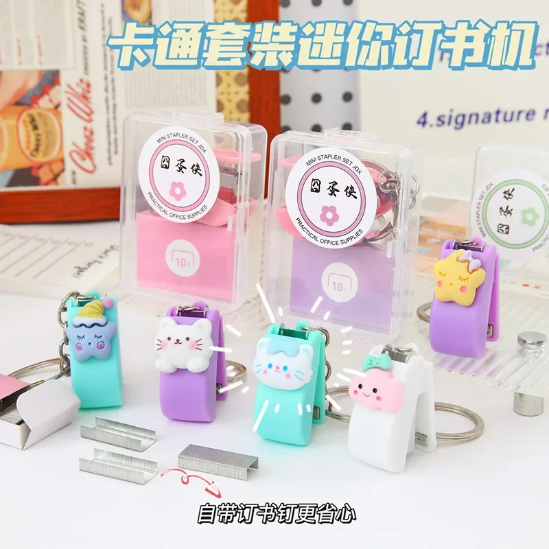 Mini Portable Stapler Staples Set for Student Cute Cartoon Animal Bookbinding Small Keychain Stapler Staples School Supplies