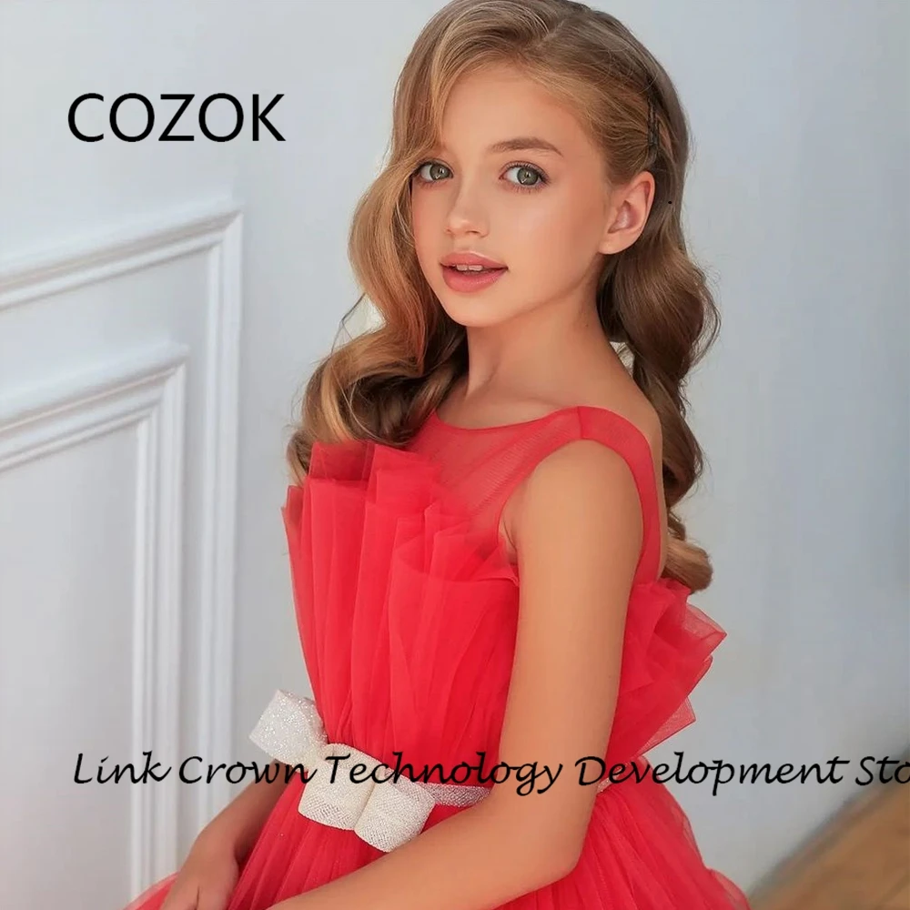 COZOK Scoop Flower Girls Dresses for Princess Soft Tulle Christmas Dresses woth Champagne Bow 2024 Summer New فستان عيد الميلاد