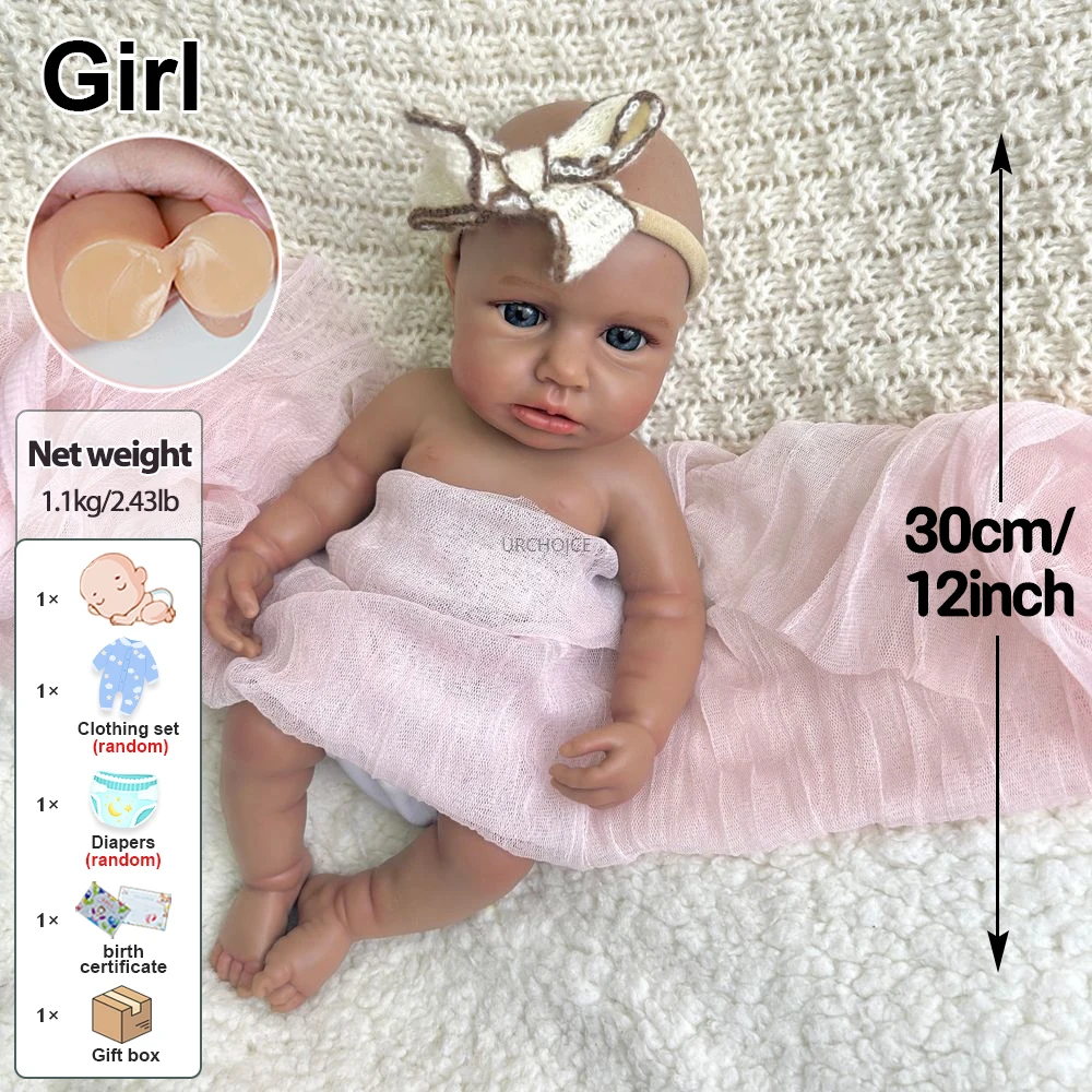 Mini 30CM bebê africano LouLou pele escura completa sólida macia de silicone renascido bebê menina pode abrir a boca boneca lavável presente de Natal