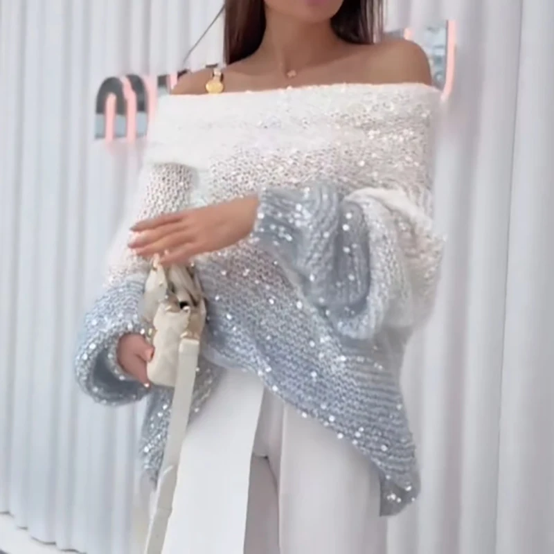 

Gradient Sequin Long Sleeved Autumn Winter Sweater Sexy Women's Off Shoulder Loose Knit Top New 2026 Temperament Party Sweater