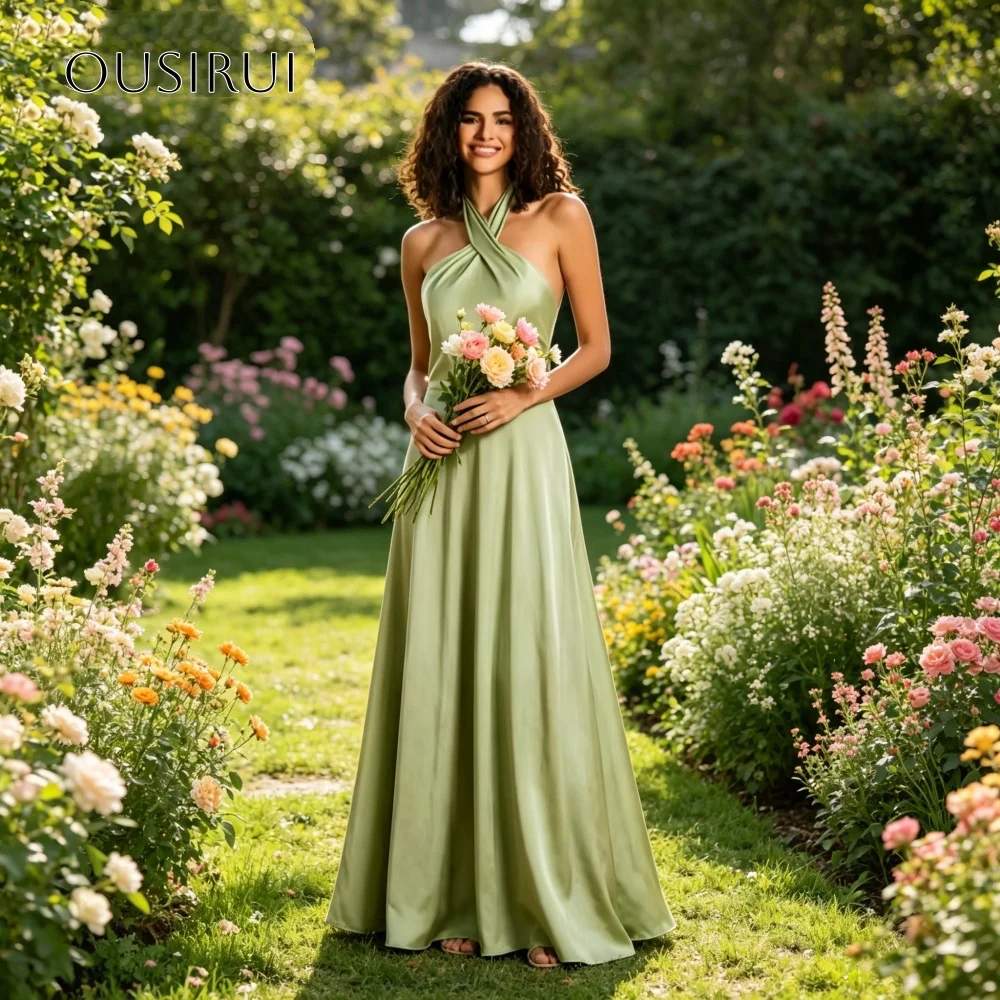 Neckholder-Abschlussballkleider aus Satin in A-Linie, ärmellos, plissiert, bodenlang, Abendkleid, maßgeschneidert, elegante Festkleider