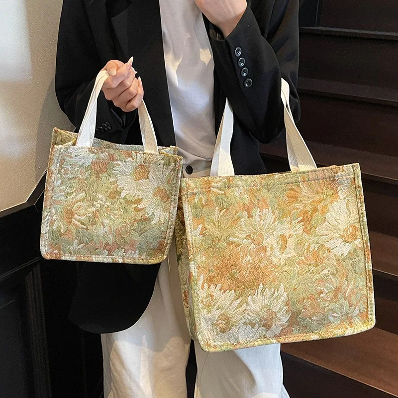 Vintage Oil‑Painting Floral Large Canvas Tote Bag, 3 Colors Casual Oversized Shoulder Bag for Work School Travel