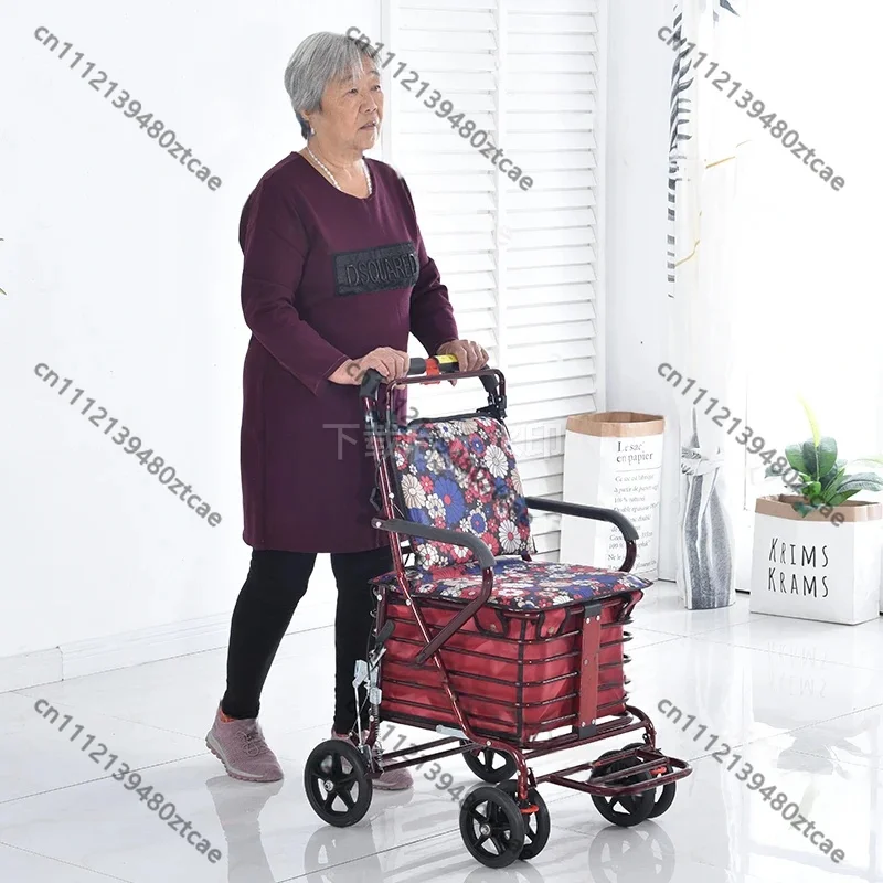 Folding 4 Wheel Elderly Mobility Scooter Shopping Cart With Seat Outdoor Grocery Trolley