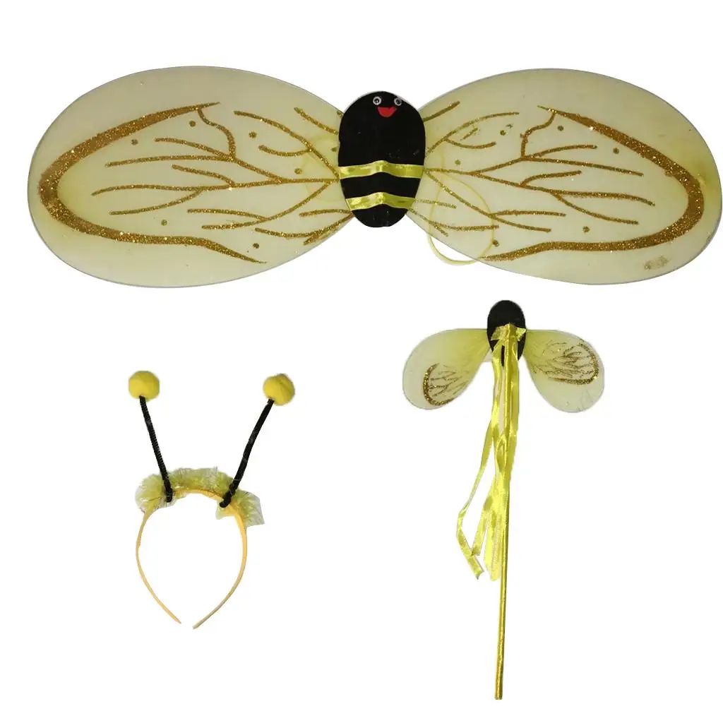 Bumble Bee Costume for Girls Kids, 3 Pieces Honeybee Fancy Dress Fairy Wing, Antennae Set