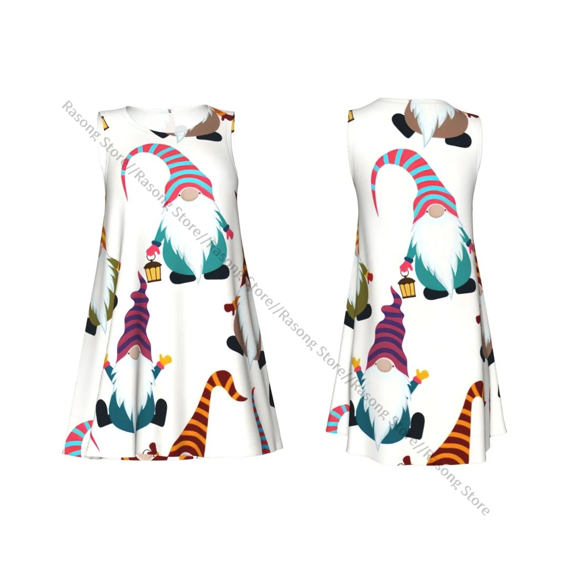 Vestido de mujer, Navidad, divertidos gnomos, Navidad escandinava, cuello redondo, vestido largo sin mangas