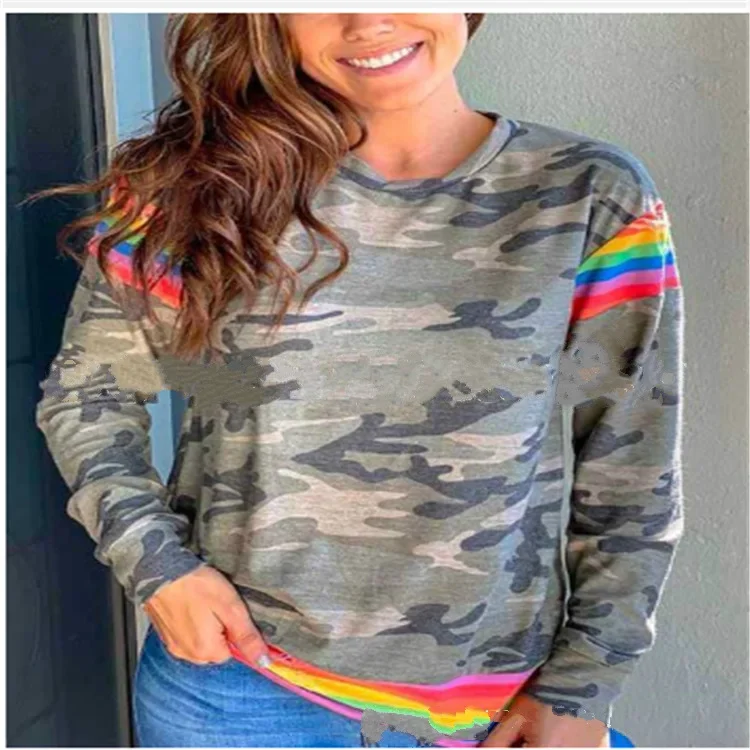 2020 Casual Camouflage Rainbow Round Neck Top Women's Hoodies Sweatshirts Stocking Up European And American Style