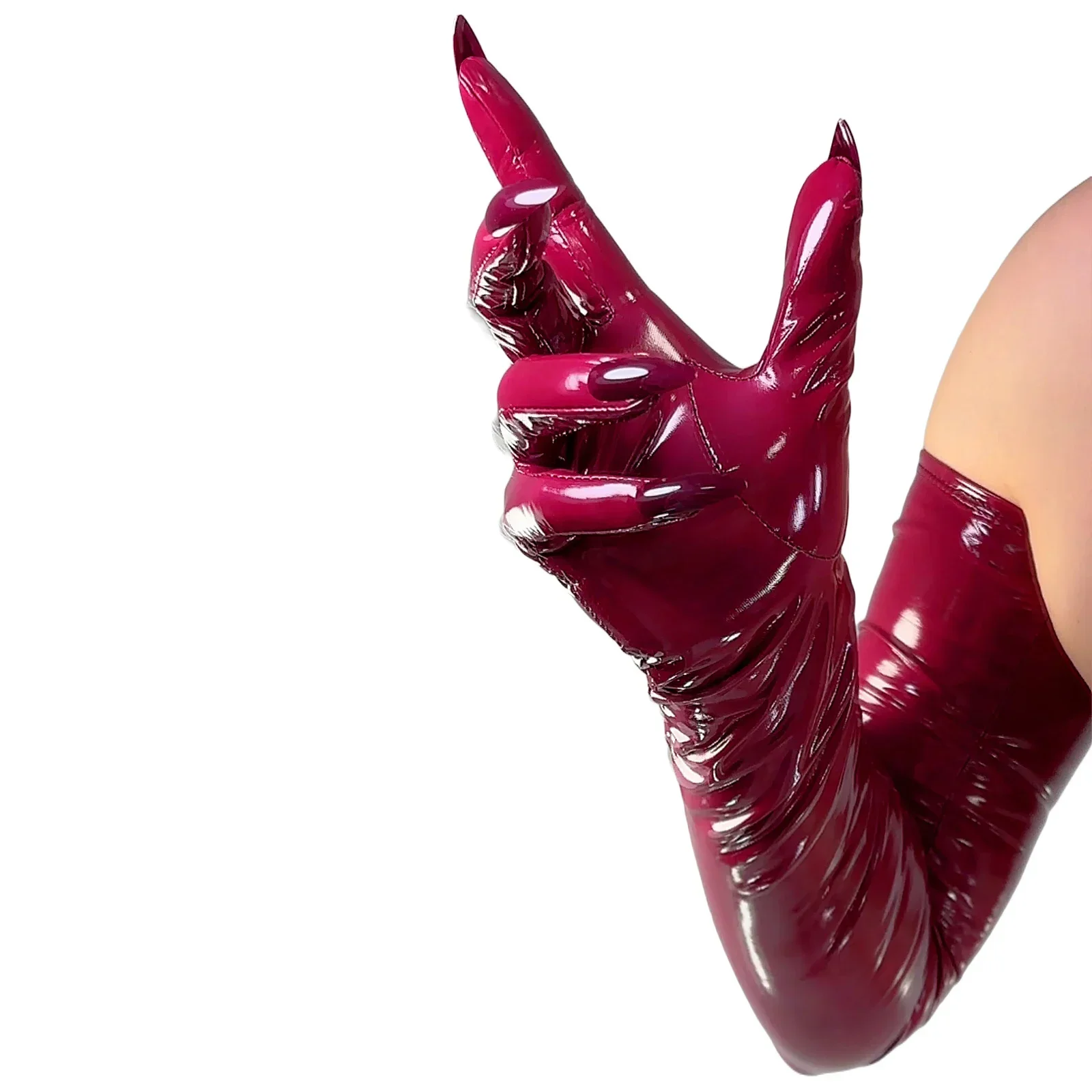 

DooWay Burgundy Latex GLOVES with Nails Wine Red Shiny Wetlook 70cm Thin Stretch Faux Leather Rubber Costume Cosplay NAIL Glove