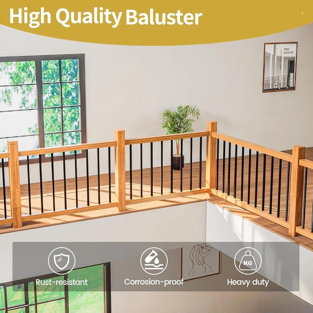 26 Pack 36 Inch Black Metal Deck Balusters Hollow Rectangle Stair Railing Spindles Durable Rust-Resistant DIY Installation