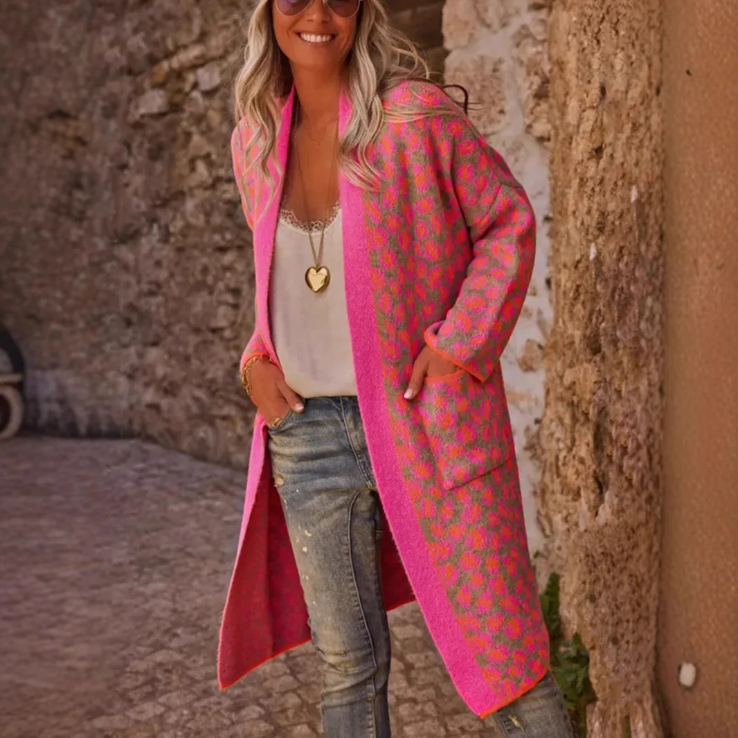 

2026 New Spring Autumn Winter Women Knitted Cardigan Fashion Color Blocking Leopard Long Sleeve Pocket Long Sweater Lady Top