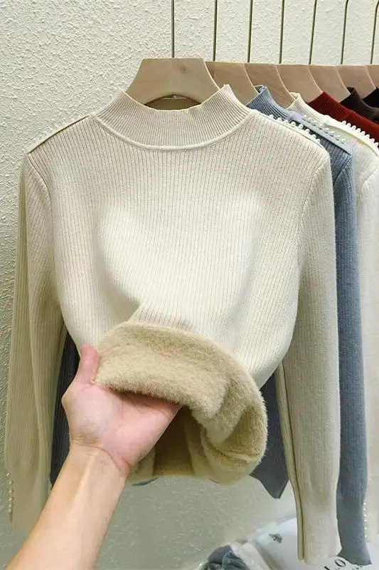 Semi-turtleneck Integrated Fleece Bottoming Shirt Autumn and Winter New Beaded Knitted Sweater with Thick Top Inside