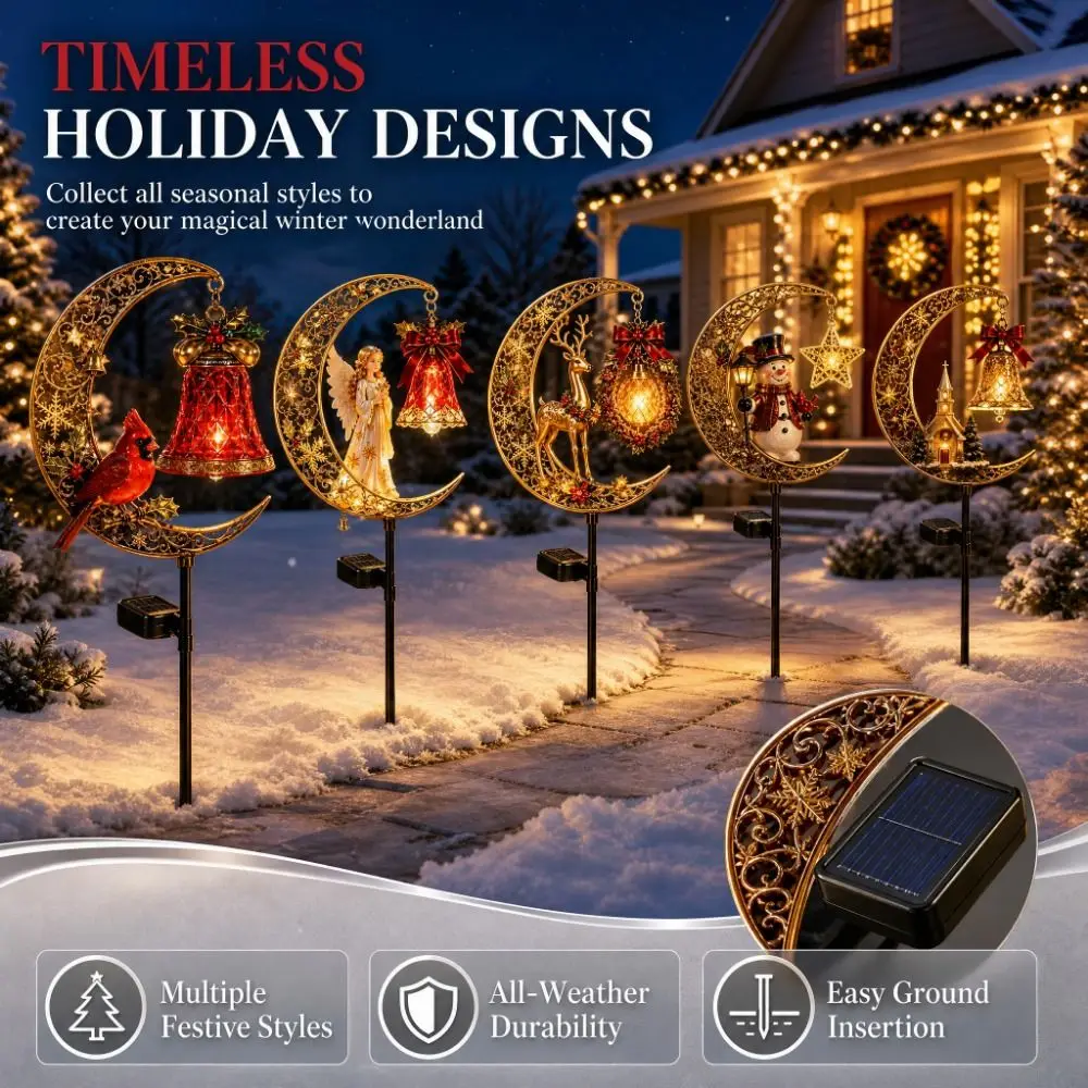 Waterproof Solar Christmas Crescent Garden Light Solar Powered Iron Metal Christmas Moon Solar Stake Light Santa Claus Snowman