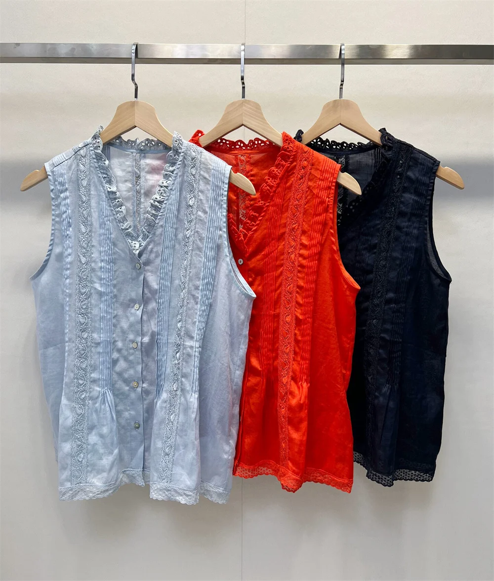 Summer Women's Clothing Lace Embroidery V-Neck Vest 100 Ramie Loose A-Line Sleeveless Shirt