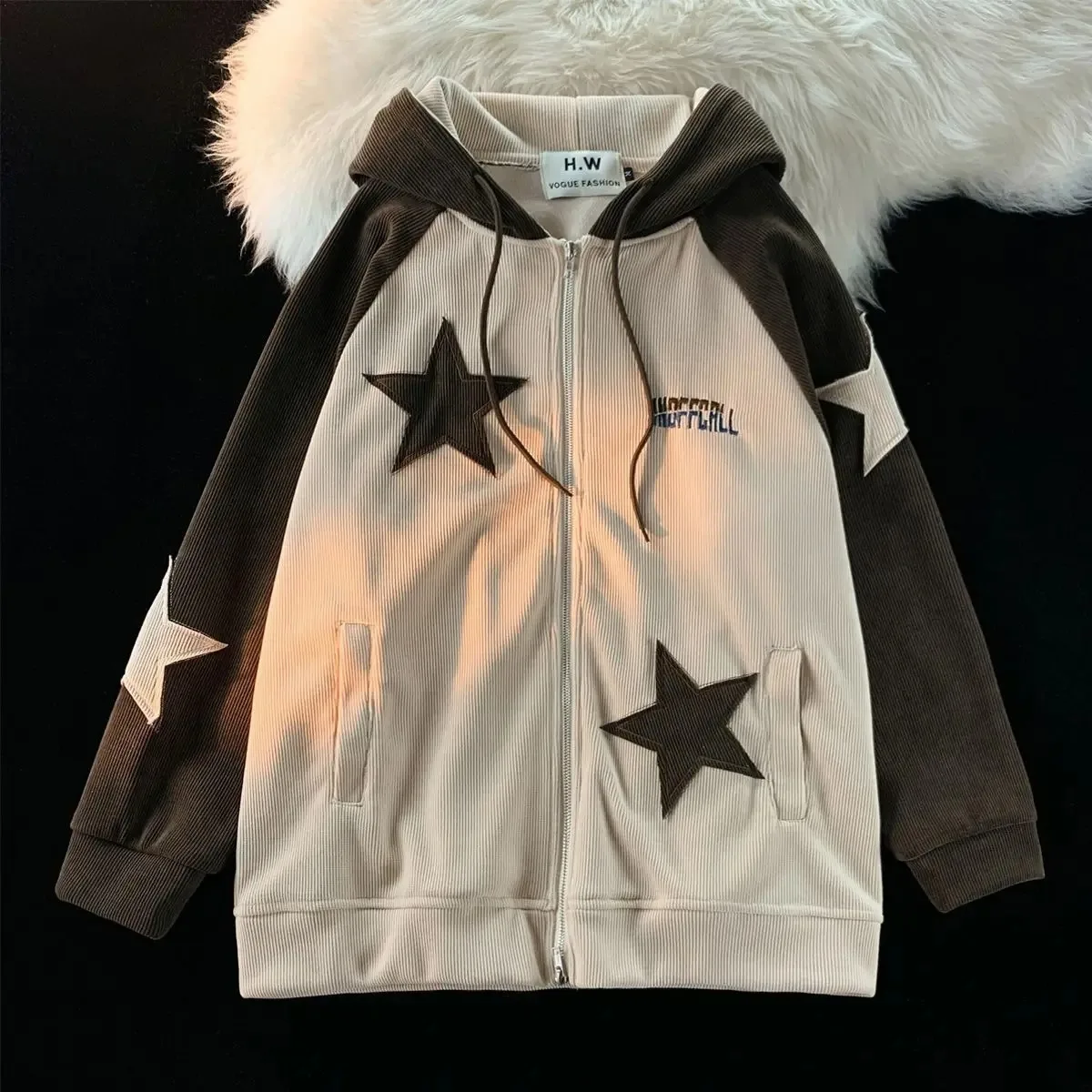 American retro corduroy star stitching zipper sweatshirt sports casual y2k jacket same style for men and women hoodies y2k tops