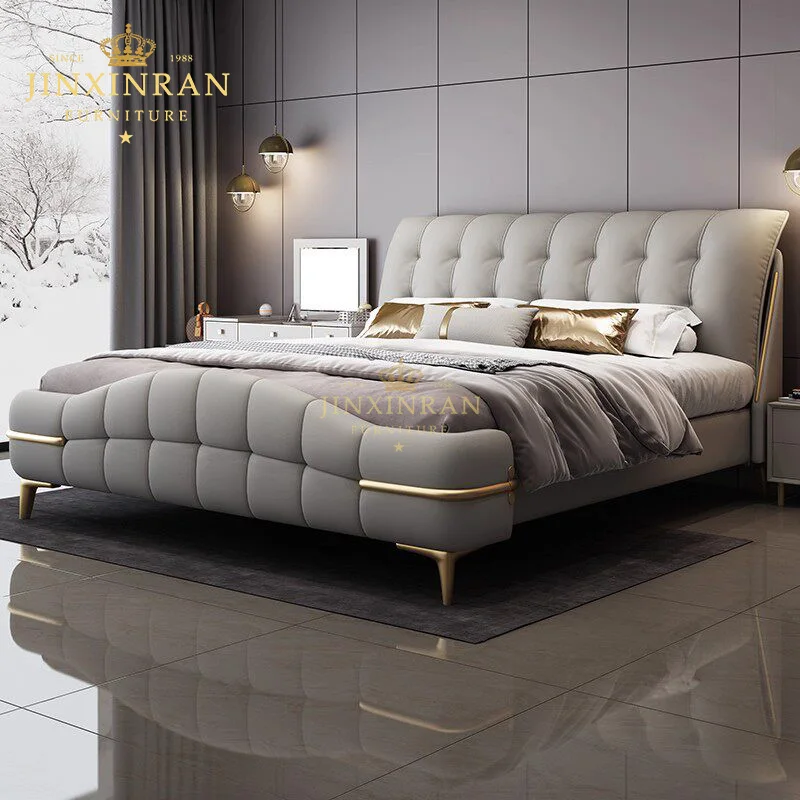 Custom Grey Top Grain Leather Square Quilted Upholstered King Size Platform Bed Solid Wood Hotel Bedroom Furniture