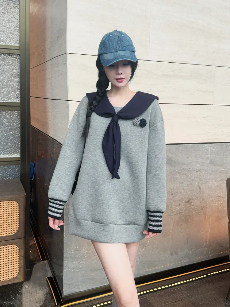 College style sailor collar mid length pullover for women in winter 2024 new casual and loose fit highlighting a youthful top