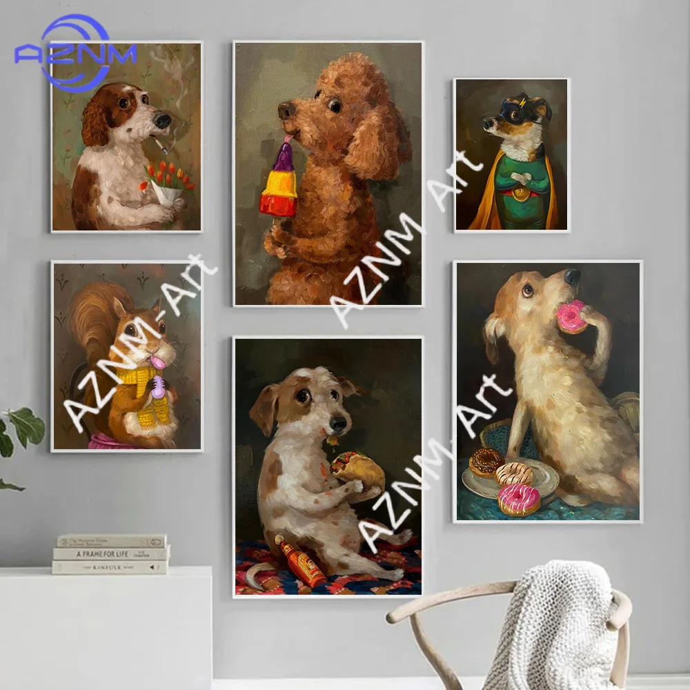Vintage Lustiges Welpen-Donut-Kunstposter, Niedliches Amüsantes Kätzchen beim Snacken, Leinwanddruck für Wohnzimmer-Wanddekoration
