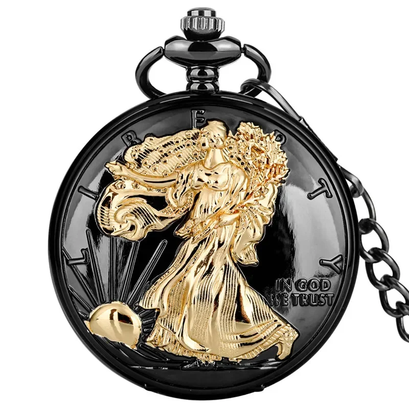 Old Fashion Pocket Watch Liberty In God We Trust Men Women Quartz Analog Watches with Full Hunter FOB Necklace Chain Souvenir