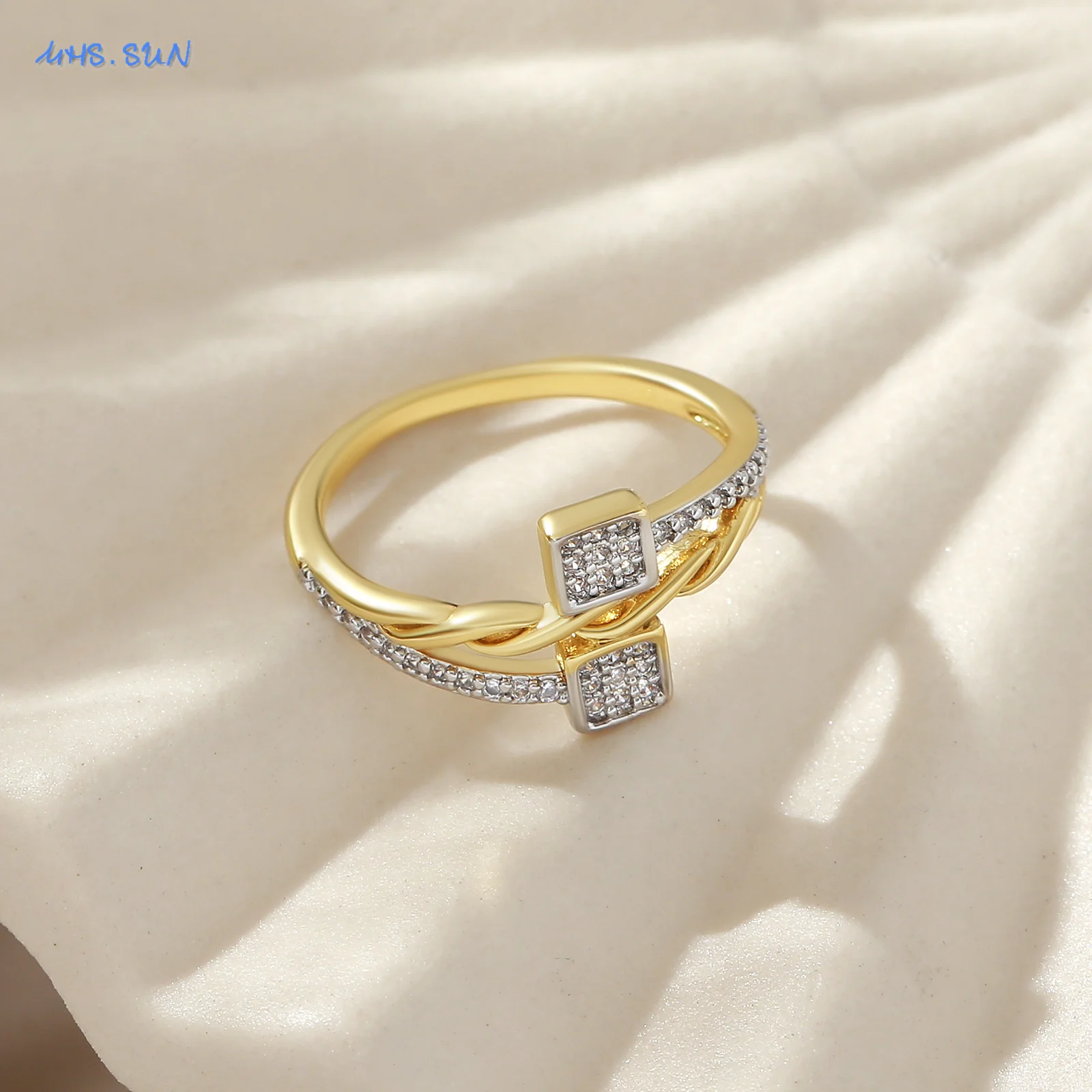 MHS.SUN Fashion Braided Twist Ring Square White Inlaid Zircon For Women Luxury 22K Gold Plated Wedding Finger Rings Jewelry