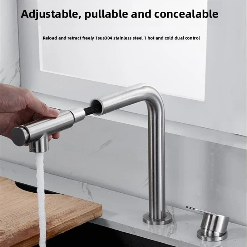 Hidden Pull-Out Kitchen Faucet 304 Stainless Steel Washbasin Cold and Hot Water Purification Three-in-One Faucet