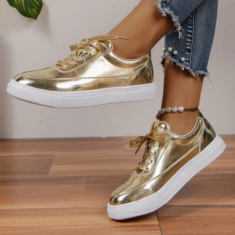 Gold Silver PU Leather Sneakers Women Non-Slip Lace Up Platform Casual Shoes Woman 2023 Autumn Flats Shoes Zapatos Mujer Size 43