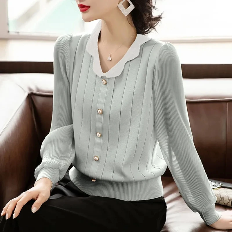 

Yarn Sleeve Blouse Ladies' Sweater New Spring Autumn Sweater Thin V-Neck Bottoming Shirt Casual Comfortable Temperament Blouse