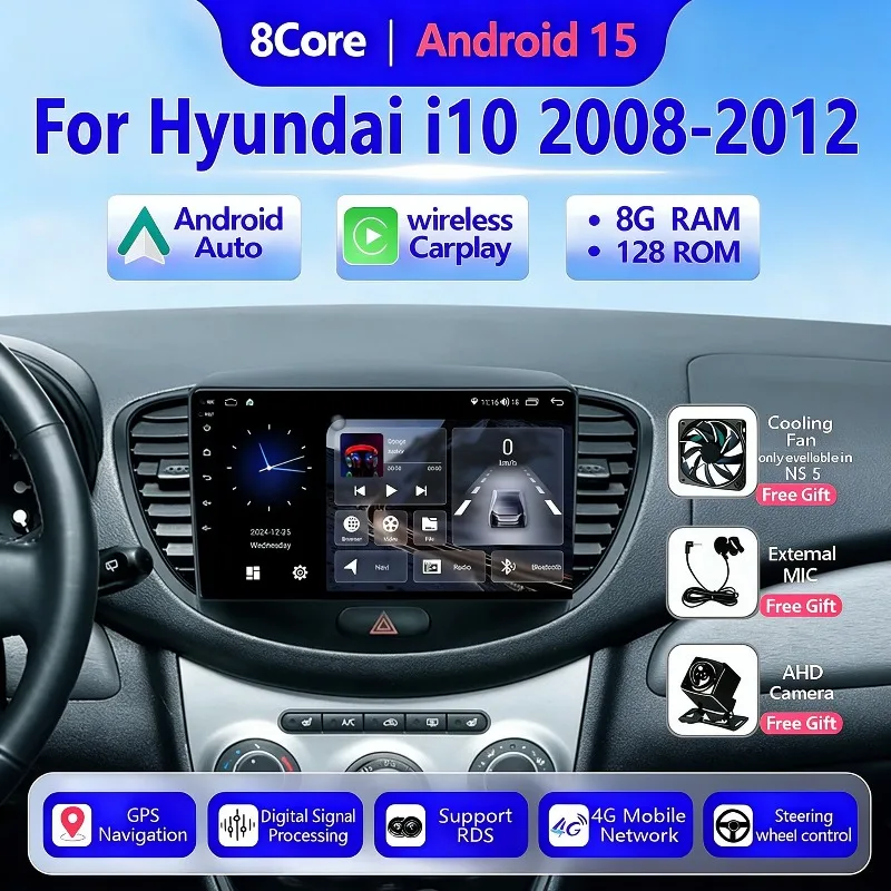 Android15 Car Radio For Hyundai I10 2008 - 2012 Wireless Carplay QLED Screen Multimedia Stereo Player GPS Navigation Head Unit