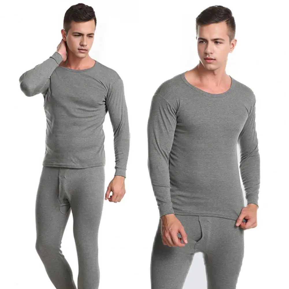 Comfortable Homewear Suit Men's O-neck Long Sleeve Pajama Set with Elastic Waist Pants 2 Piece Solid Color for Comfortable