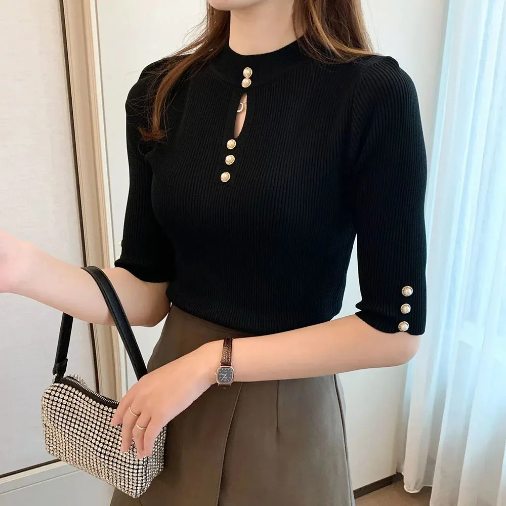 Korean Summer Ladies Elegant Knit Tees Women\'s 2023 New Bottoming Shirt Slim Temperament Ice Silk Short Sleeved T-shirt Tops