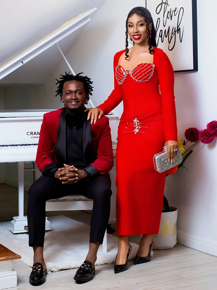 VC Radiant Red Long Sleeved Midi Dress with Crystal Embellishments for a Gala Event Evening Gown
