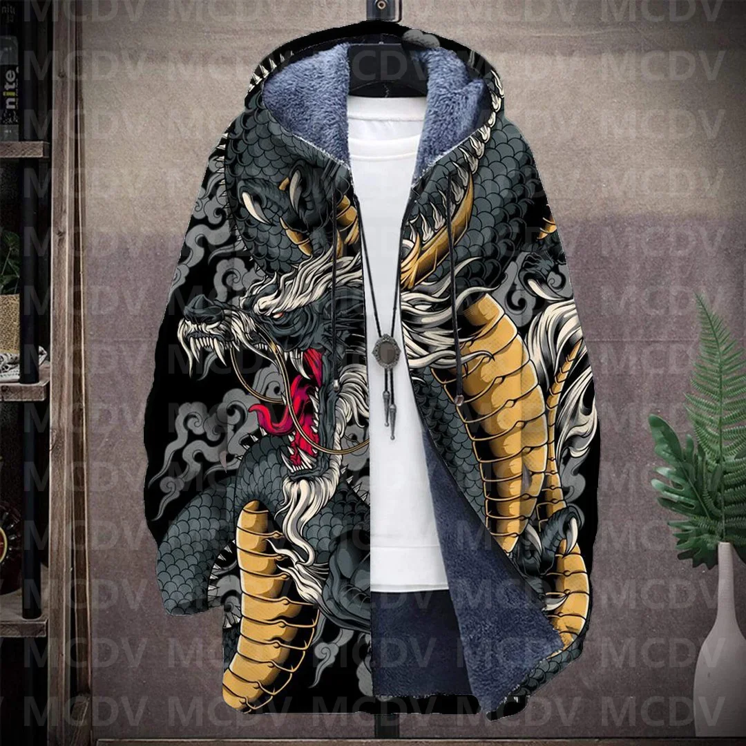 Men\'s Retro Print Plush Thick Long-Sleeved Coat Cardigan Dragon 3D Prined Fleece Hooded Overcoat Unisex Thick Warm Jacket