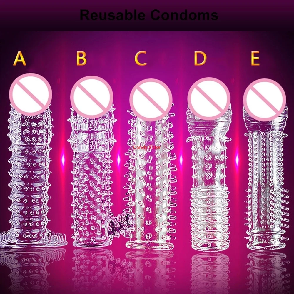 Extension Time Reusable Condom Penis Sleeve Male Enlargement Delay Spike Clit Massager Cover Crystal Clear Condoms Adult Sex Toy