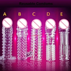 Extension Time Reusable Condom Penis Sleeve Male Enlargement Delay Spike Clit Massager Cover Crystal Clear Condoms Adult Sex Toy