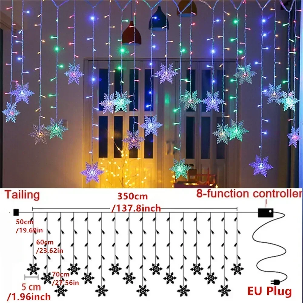 New Year 2025 8 Modes EU Plug Garden Light Christmas Decoration Snowflake Window Curtain Garland LED Icicle Fairy Light Flashing