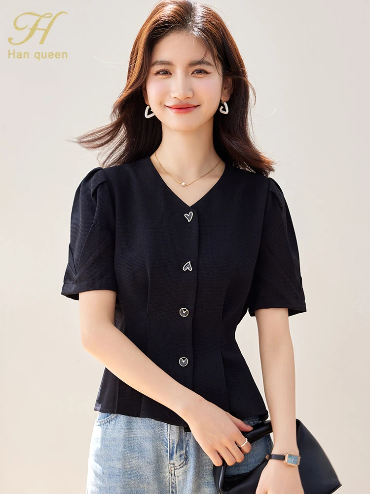 H Han Queen Summer V-Neck Vintage Tops Simple Elegant Chiffon Blouse Women\'s Fashion Short Sleeve Casual Shirts Female Clothing