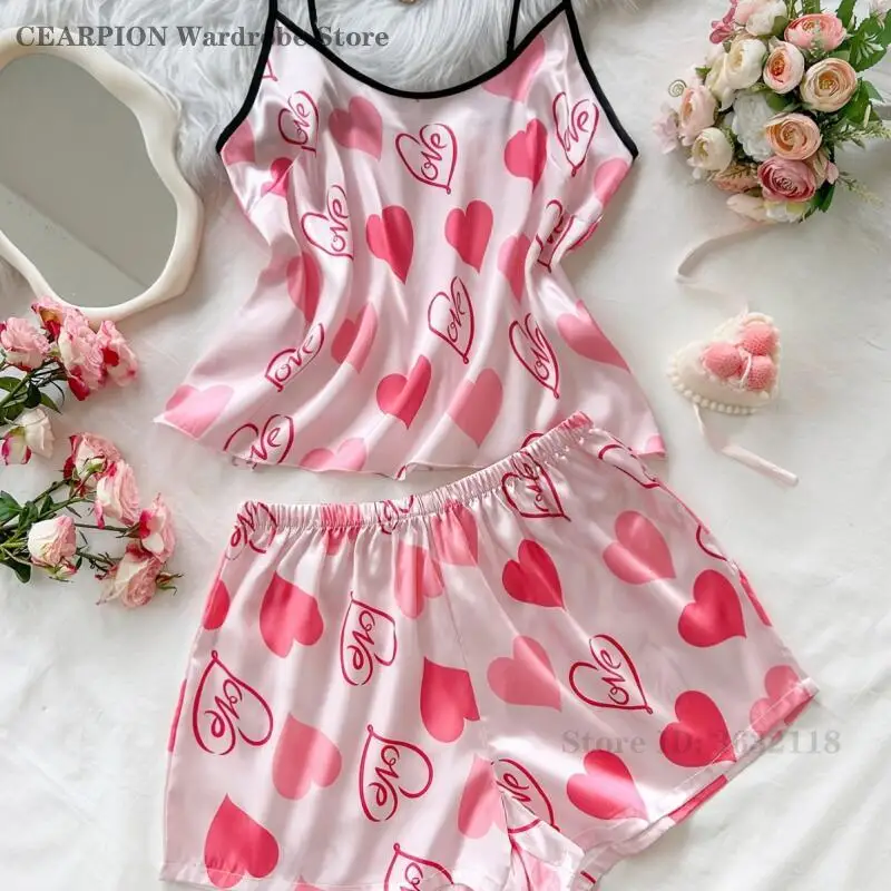 Female Cami&shorts Sleepwear Pink Sweet Love Printed Pajamas Casual Home Clothes Summer Ice Silk Thin Night Wear Sexy Lingerie