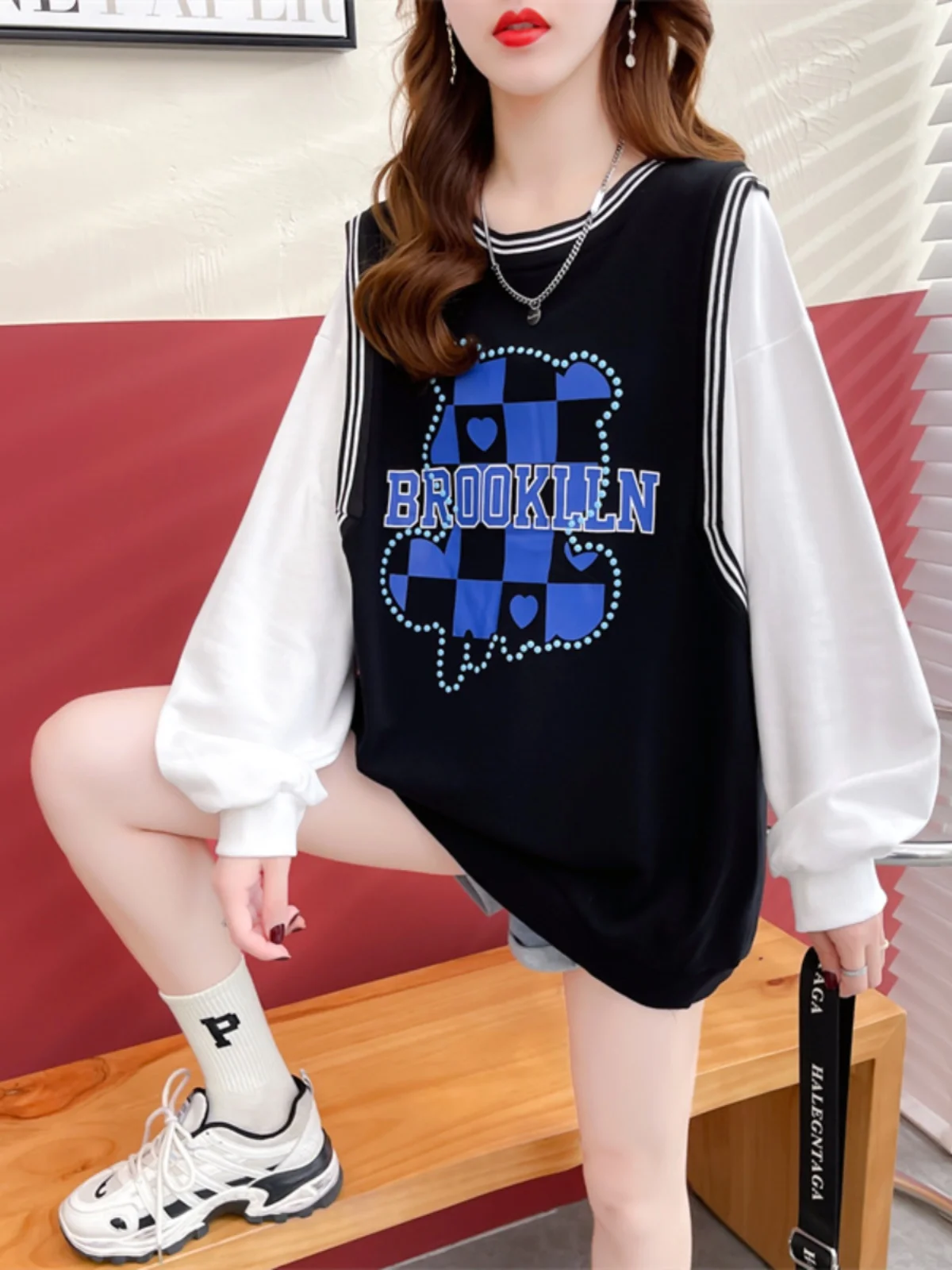 

Spring Autumn New Korean Style Long Sleeve Sweatshirt Women's Letter Bear Print Casual Thin Top Fashionable Streetwear