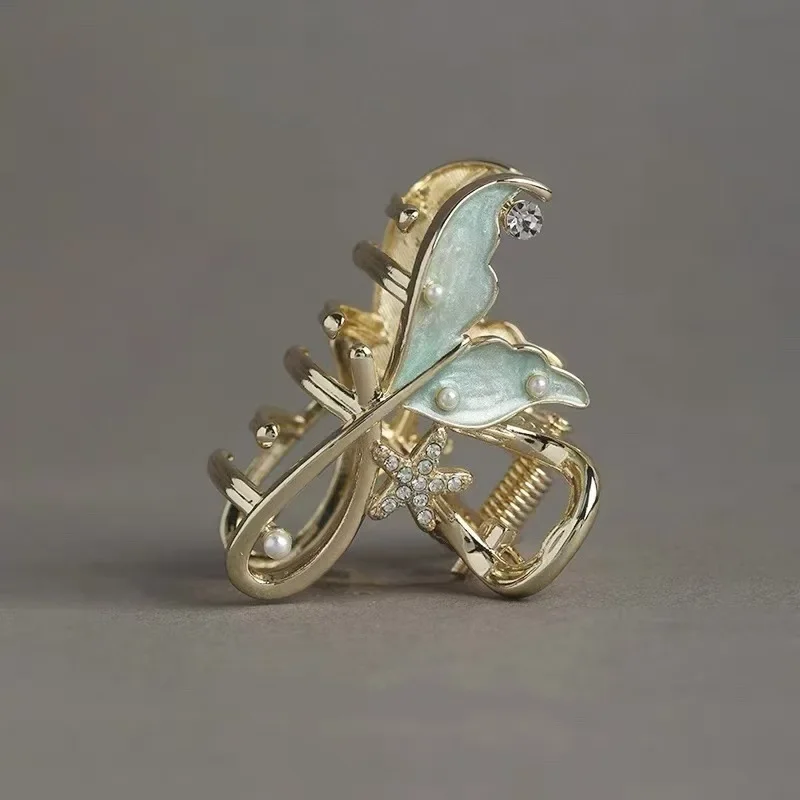 프렌치 스타일 진주 물고기 꼬리 헤어 클로 고급 여성용 뒷머리 반묶음 헤어 그립 정교한 헤어 클립 헤어 액세서리