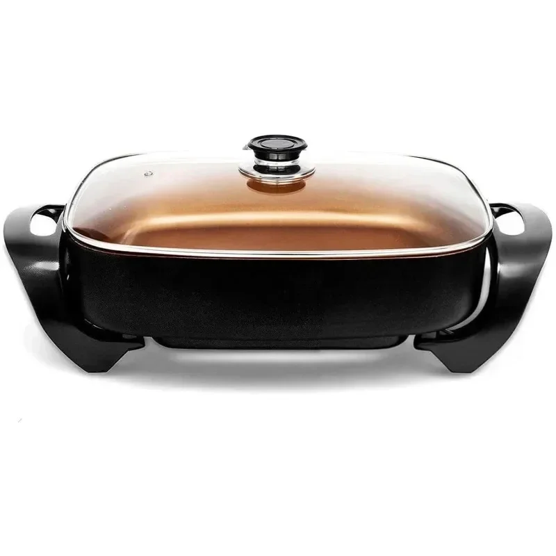 Professional Non-Stick Copper Electric Frying Pan Deep Pan with Tempered Glass Vented Lid, Upgraded Thermostat