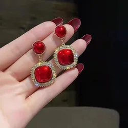 Jea. Angel New Elegance Red Square Zircon Pendant Woman Earrings Korean Fashion Silver Color Earring Jewelry Party Trendy Gifts