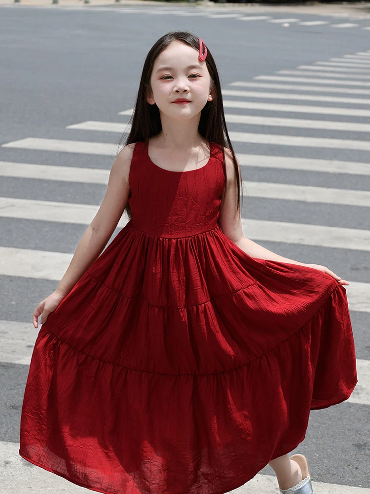 

Summer girls' dress, stylish princess dress, red dress, mother-daughter matching outfit, beach vacation children's beach dress