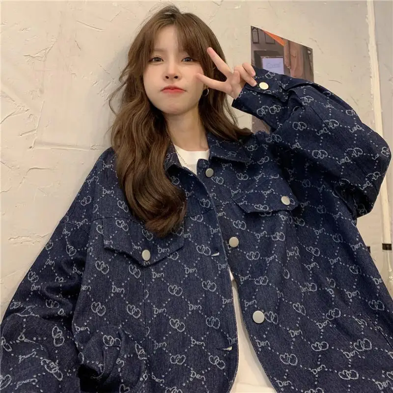 Luxury Brand High-end Denim Jackets Spring Autumn Cowboy Coat Women Vintage Print Long Sleeve Tops Streetwear Loose Design Trend