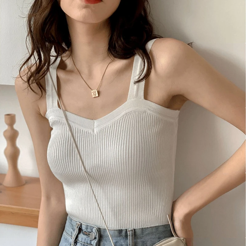 Female Sleeveless Casual Thin Tops Women's Knitted Camisole Crop Tops Wear Base Layer Top Korean Style Simple Slim Fit Tank Top