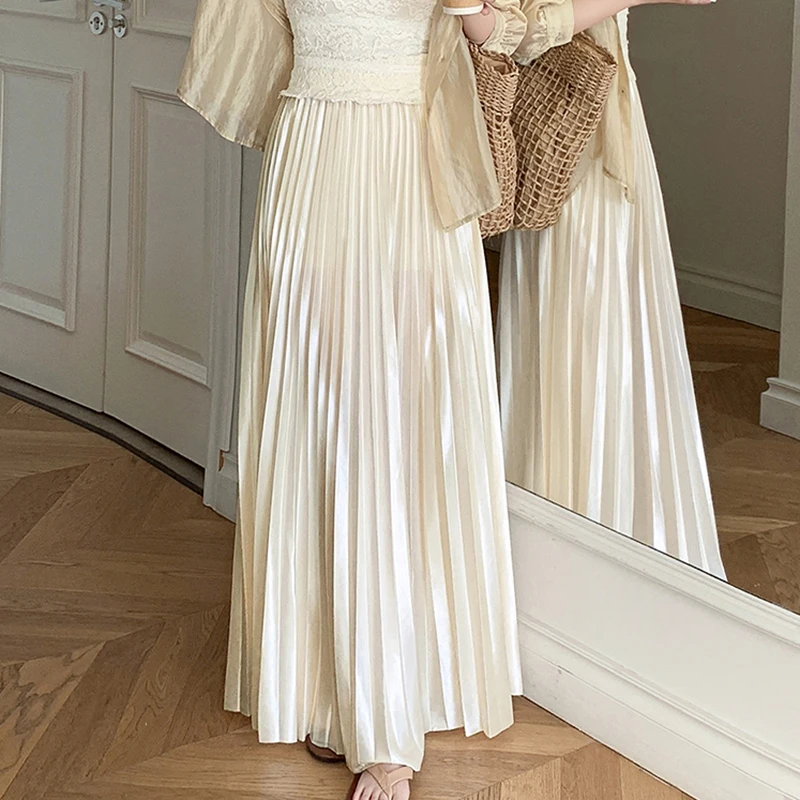 Saia longa plissada de cetim de seda brilhante moda feminina cor sólida cintura elástica a linha festa dança até o chão saia primavera verão