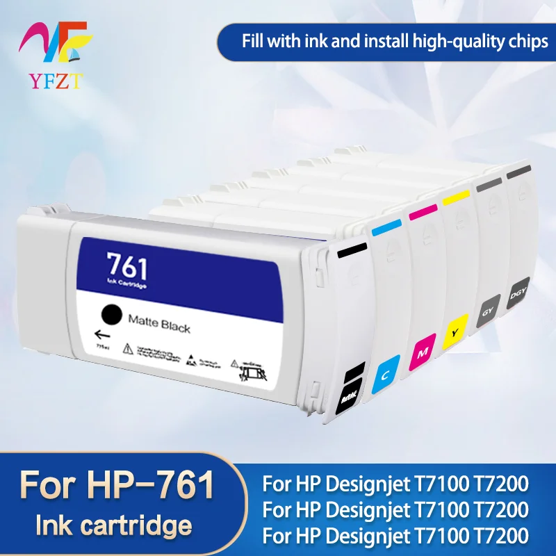 

For HP 761 Ink Cartridge Full With Ink and chip For HP DesignJet T7100 T7200 Printer MBK-775ML C/M/Y/GY/DGY-400ML