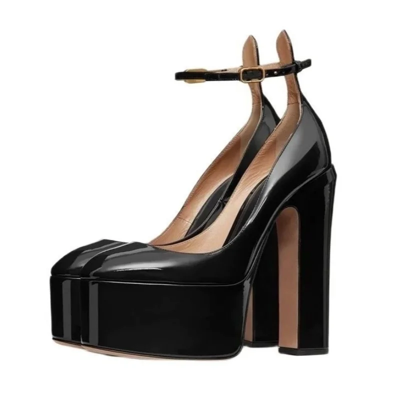 Europe And America Ultra High Heels Platform Women's Sandals Round Toe Crude Heel Female Pumps Patent Leather Lady Single Shoes