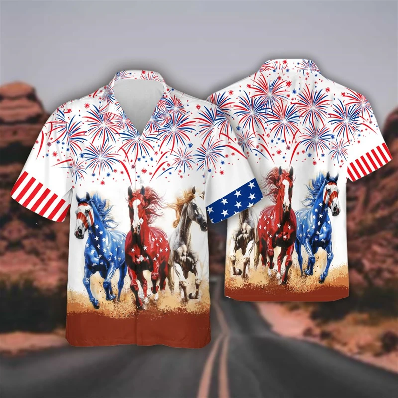 America Independence Day Graphic Beach Shirt Happy Animal Lapel Blouse July Fourth Patriotic Party Blouses US Male Button Tops