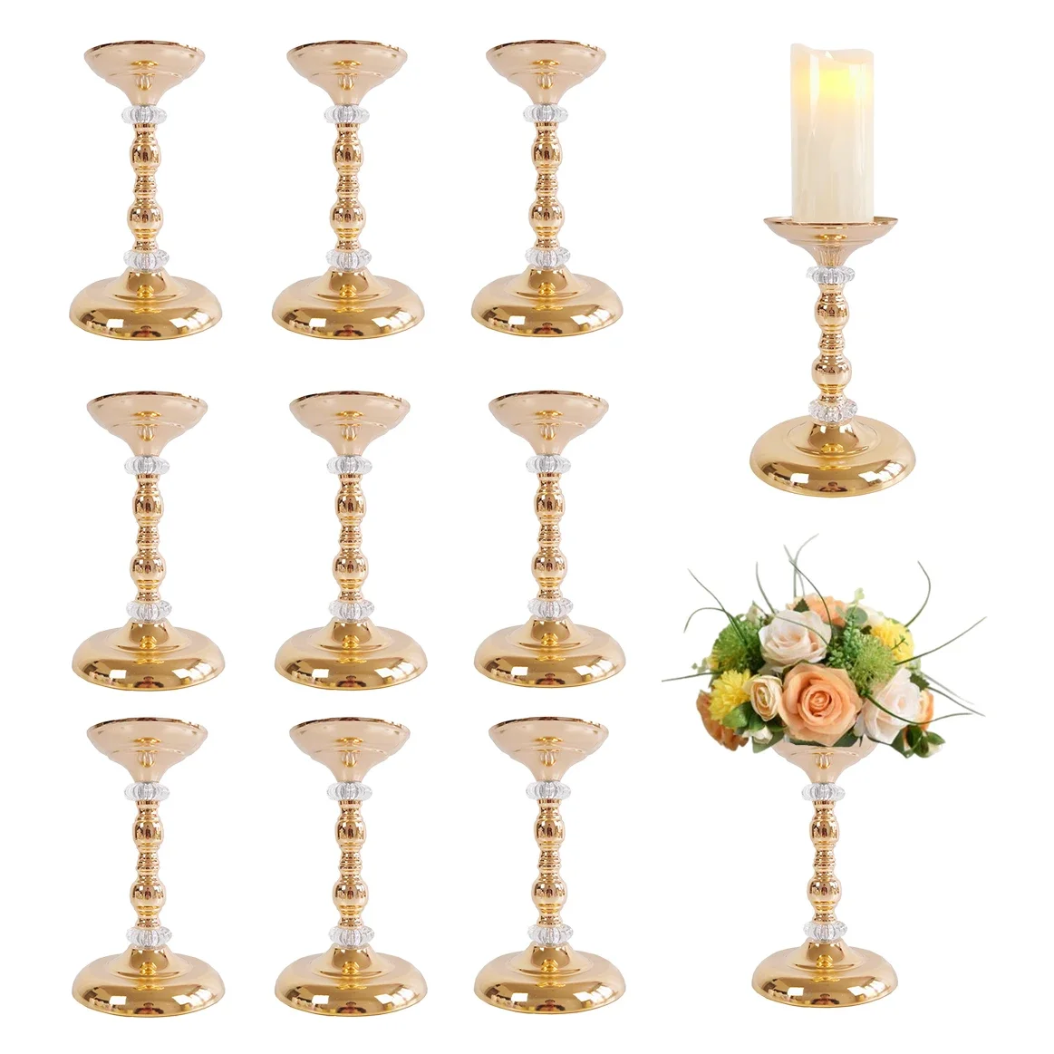 

10Pcs Metal Candle Holders, Flower stands, Gold Silver Candlestick Most Ideal for Table Centerpiece For Wedding, Party Baby show